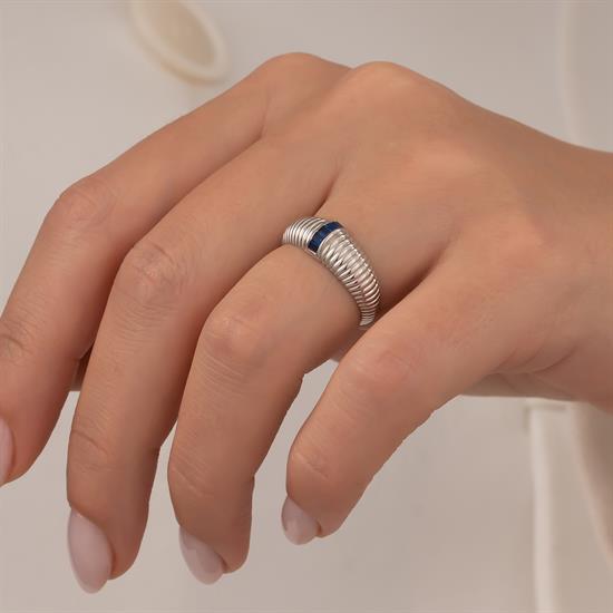 Mavi Taşlı 14 Ayar Beyaz Altın Yüzük