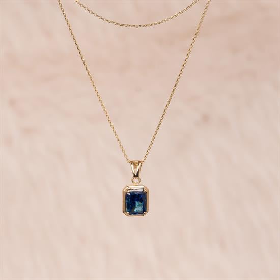 Mavi Taşlı Baget 14 Ayar Altın Kolye