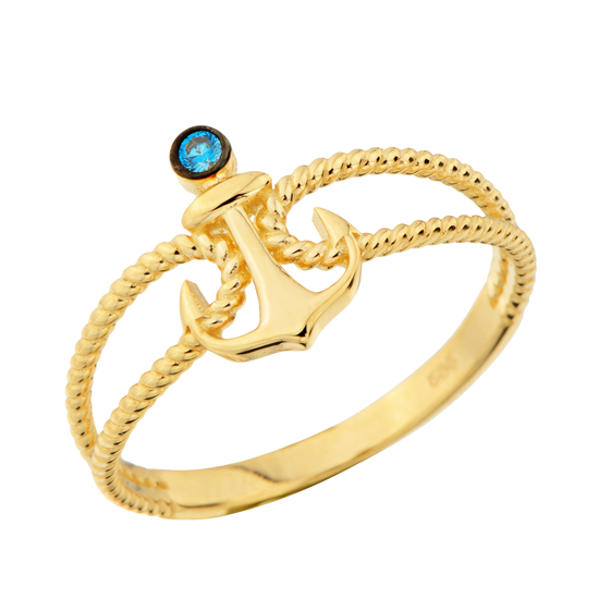 Mavi Taşlı Çapa 14 Ayar Altın Yüzük