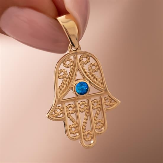 Mavi Taşlı Fatma Ana Eli 14 Ayar Kolye Ucu