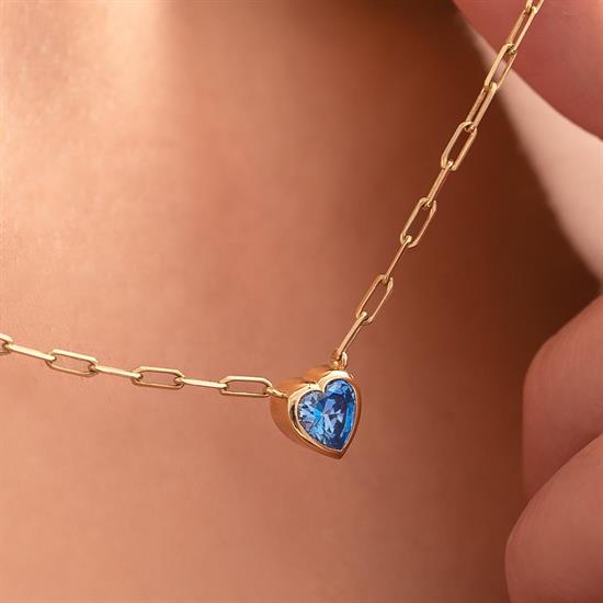 Mavi Taşlı Kalp 14 Ayar Altın Kolye