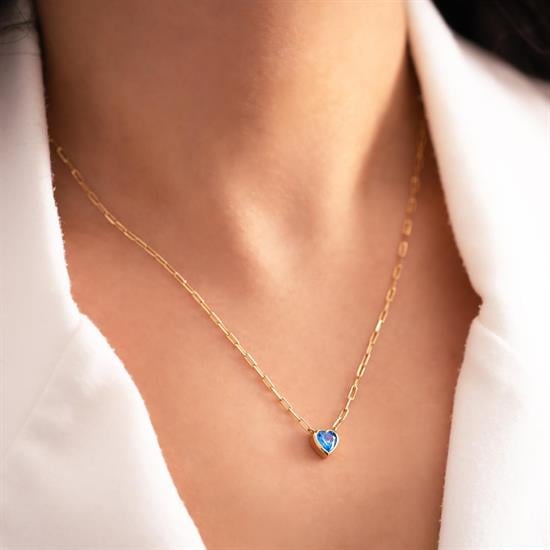 Mavi Taşlı Kalp 14 Ayar Altın Kolye