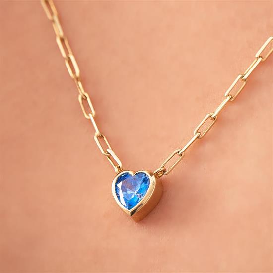 Mavi Taşlı Kalp 14 Ayar Altın Kolye