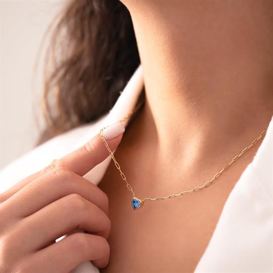 Mavi Taşlı Kalpli 14 Ayar Kolye