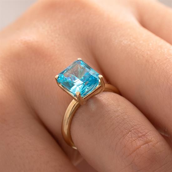 Mavi Taşlı Kare Tasarım 14 Ayar Yüzük