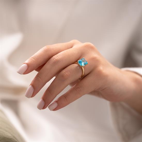 Mavi Taşlı Kare Tasarım 14 Ayar Yüzük