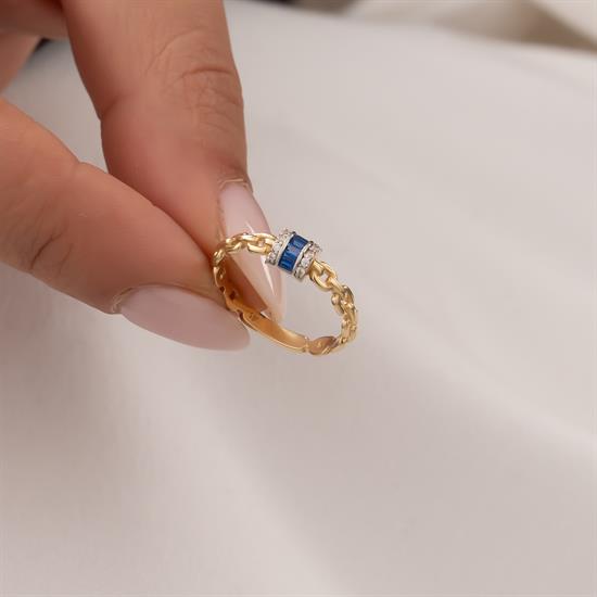 Mavi Taşlı Ataç Model 14 Ayar Altın Yüzük