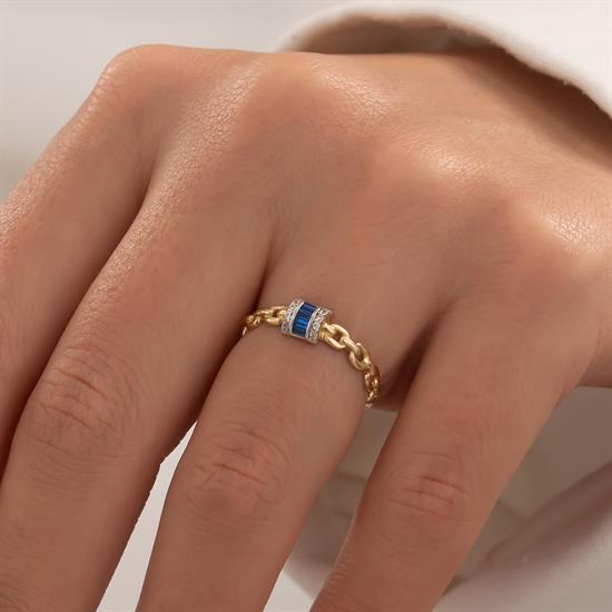 Mavi Taşlı Ataç Model 14 Ayar Altın Yüzük