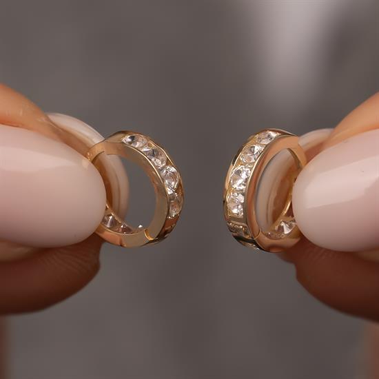 Mini Halka Beyaz Taşlı Klips Kilitli Çocuk Küpe 14 Ayar Altın