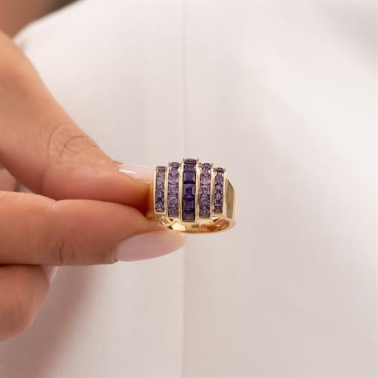 Mor Kare Taşlı Tasarım 14 Ayar Altın Yüzük