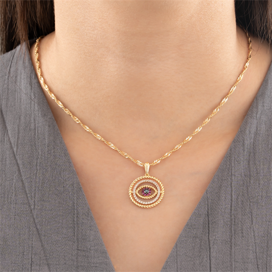 Mor Taşlı Göz Model 14 Ayar Altın Kolye