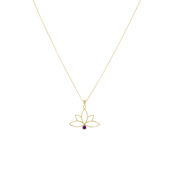 Mor Taşlı Lotus 14 Ayar Altın Kolye