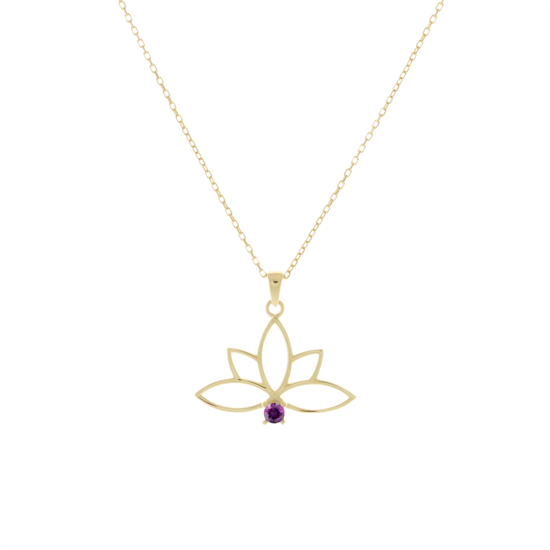 Mor Taşlı Lotus 14 Ayar Altın Kolye