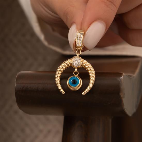 Nazar Boncuklu Ay Modeli 14 Ayar Kolye Ucu