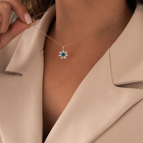 Nazar Boncuklu Papatya 14 Ayar Altın Kolye