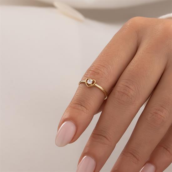 Ortası Taşlı Kalp 14 Ayar Altın Yüzük