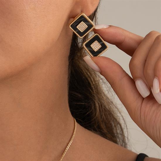 Özel Kare Tasarım Siyah Mineli Altın Küpe