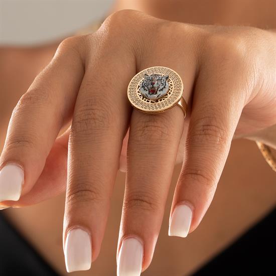 Özel Tasarım Beyaz Kaplan Altın Yüzük