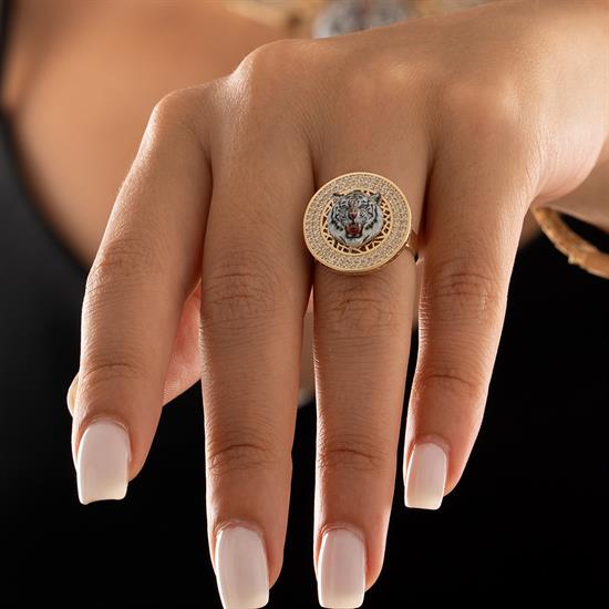 Özel Tasarım Beyaz Kaplan Altın Yüzük