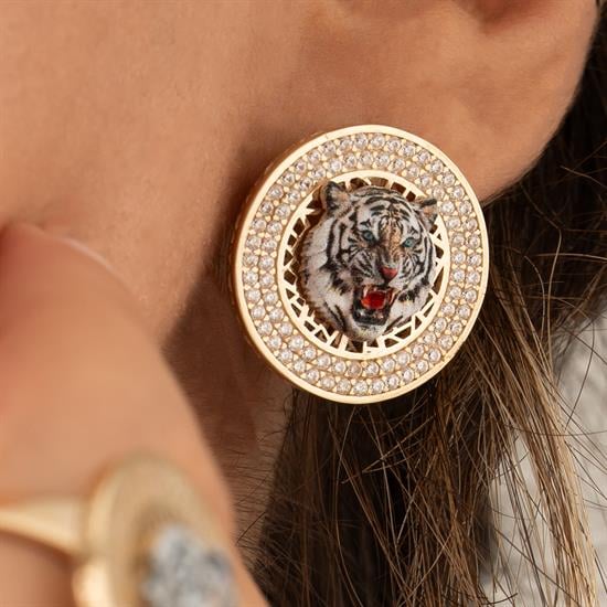 Özel Tasarım Beyaz Kaplan Model Altın Küpe