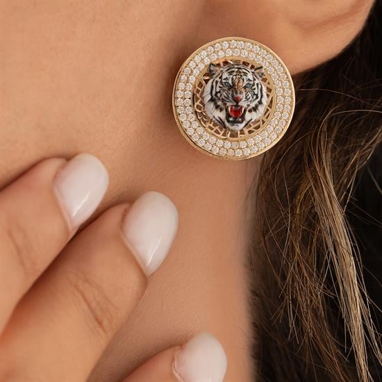 Özel Tasarım Beyaz Kaplan Model Altın Küpe