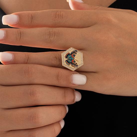 Özel Tasarım Renkli Kelebek Altın Yüzük