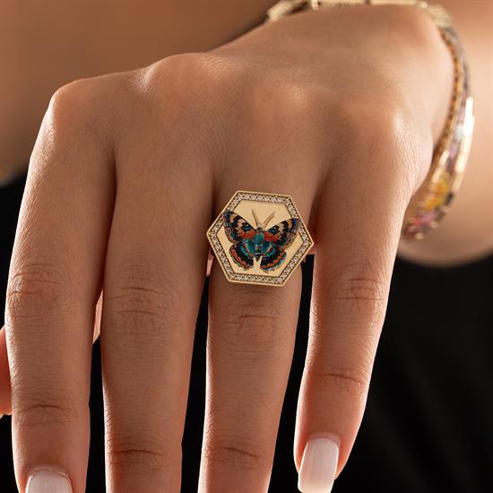 Özel Tasarım Renkli Kelebek Altın Yüzük