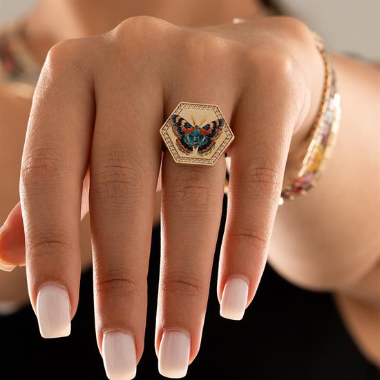 Özel Tasarım Renkli Kelebek Altın Yüzük