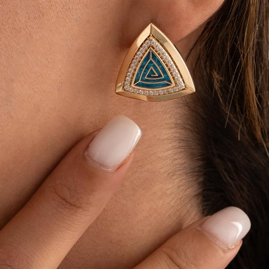 Özel Üçgen Tasarım Mineli Altın Küpe