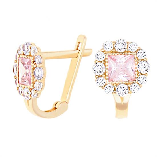 Pembe Beyaz Taşlı Klips Kilitli Çocuk Küpe 14 Ayar Altın