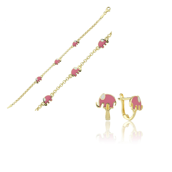 Pembe Fil Çocuk Bileklik Küpe Set