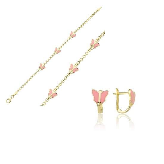 Pembe Kelebek Çocuk Bileklik Küpe Set