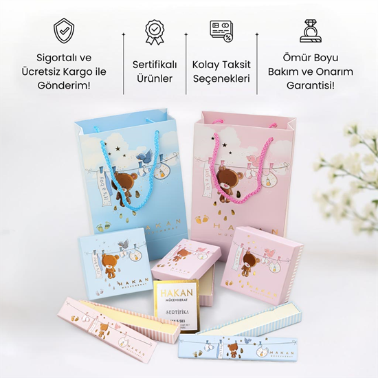 Pembe Kurdeleli Ay Motifli Vidalı Çocuk Küpe 14 Ayar Altın