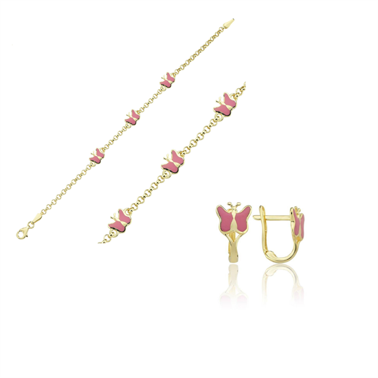 Pembe Mineli Kelebek Çocuk Bileklik Küpe Set
