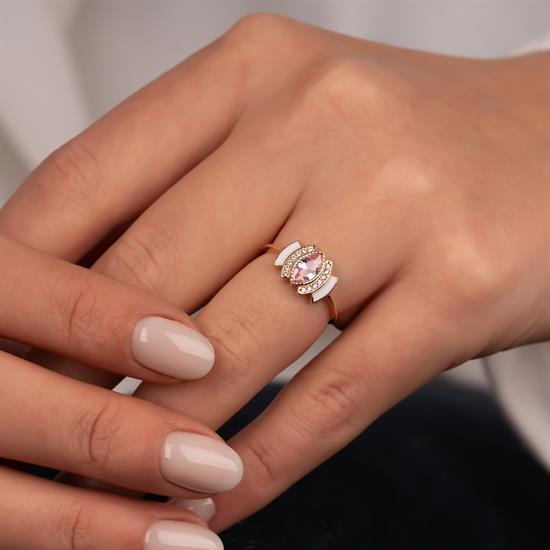 Pembe Taş Detaylı 14 Ayar Altın Yüzük