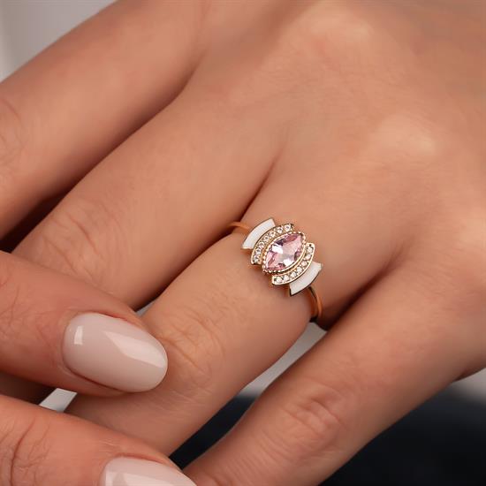 Pembe Taş Detaylı 14 Ayar Altın Yüzük