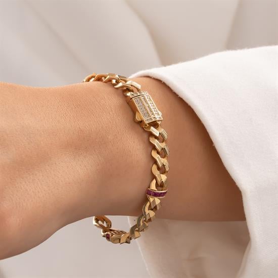 Pembe Taşlı 14 Ayar Altın Gurmet Bileklik