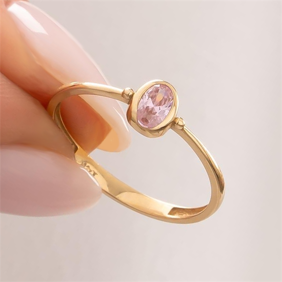 Oval Pembe Taşlı 14 Ayar Altın Yüzük