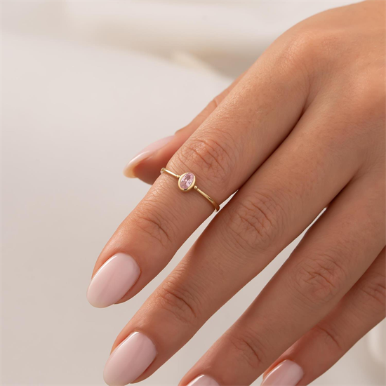 Oval Pembe Taşlı 14 Ayar Altın Yüzük