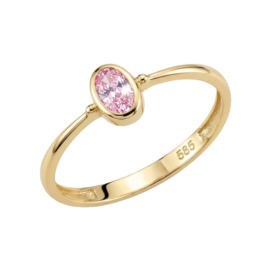 Oval Pembe Taşlı 14 Ayar Altın Yüzük