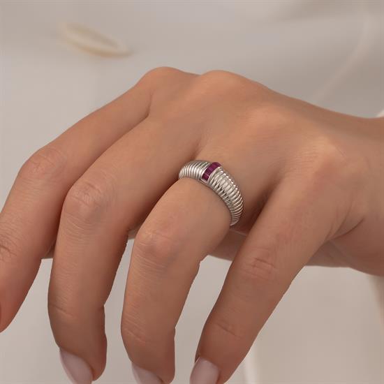 Pembe Taşlı 14 Ayar Beyaz Altın Yüzük