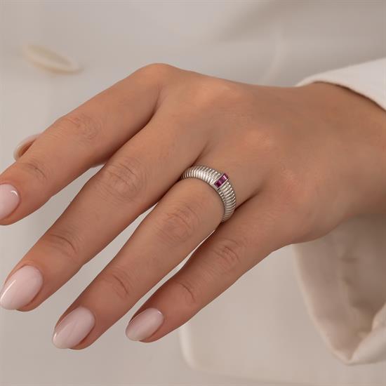 Pembe Taşlı 14 Ayar Beyaz Altın Yüzük