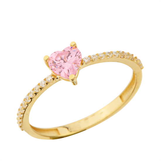 Pembe Taşlı Kalpli 14 Ayar Altın Yüzük