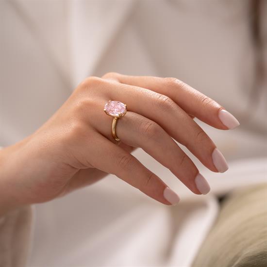 Pembe Taşlı Oval Tasarım 14 Ayar Yüzük