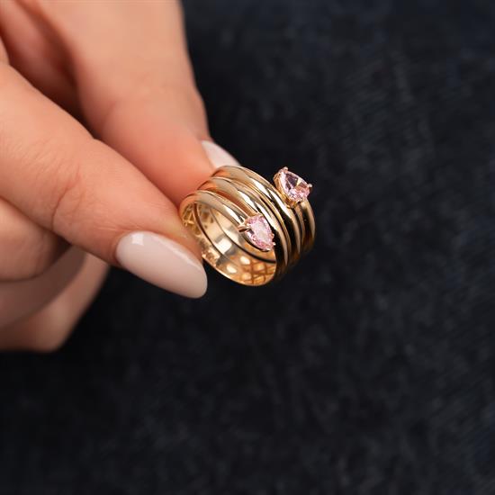 Pembe Taşlı Yılan Motifli 14 Ayar Altın Yüzük