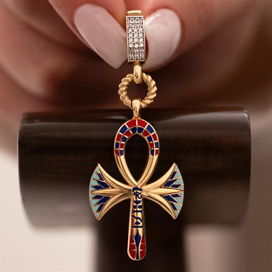 Renkli Mineli Ankh 14 Ayar Kolye Ucu