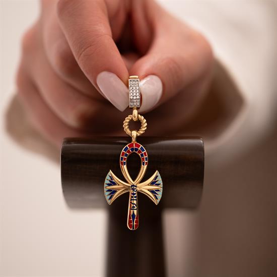 Renkli Mineli Ankh 14 Ayar Kolye Ucu