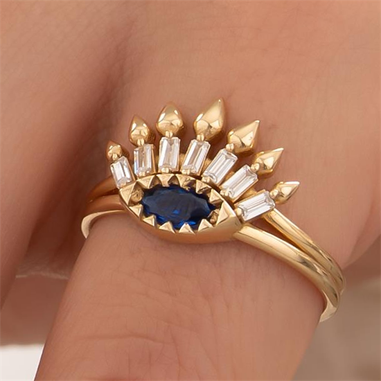 Göz Model Mavi Taşlı 14 Ayar Altın Yüzük