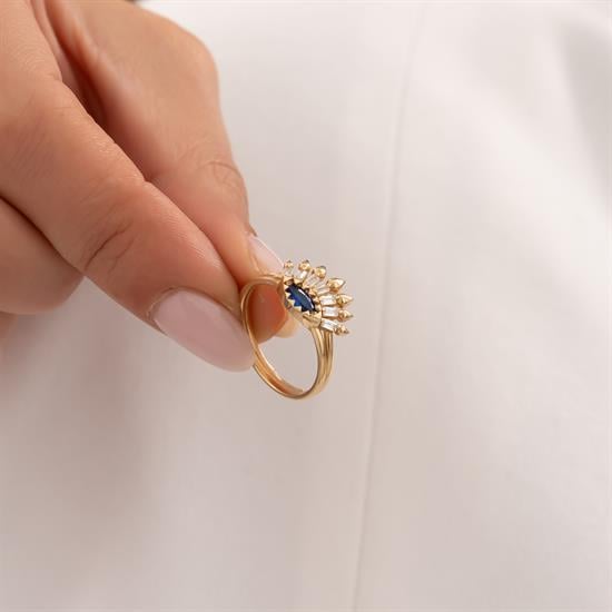 Göz Model Mavi Taşlı 14 Ayar Altın Yüzük