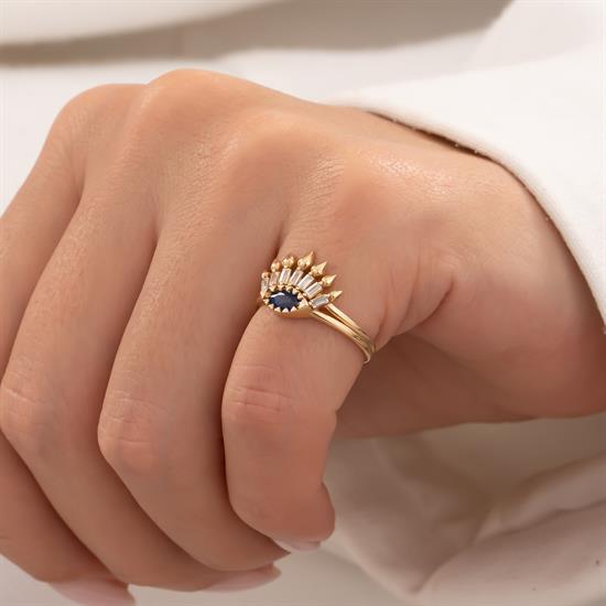 Göz Model Mavi Taşlı 14 Ayar Altın Yüzük